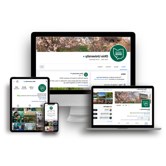 Ohio University's Instagram open on multiple devices, including a cell phone, laptop, and tablet.